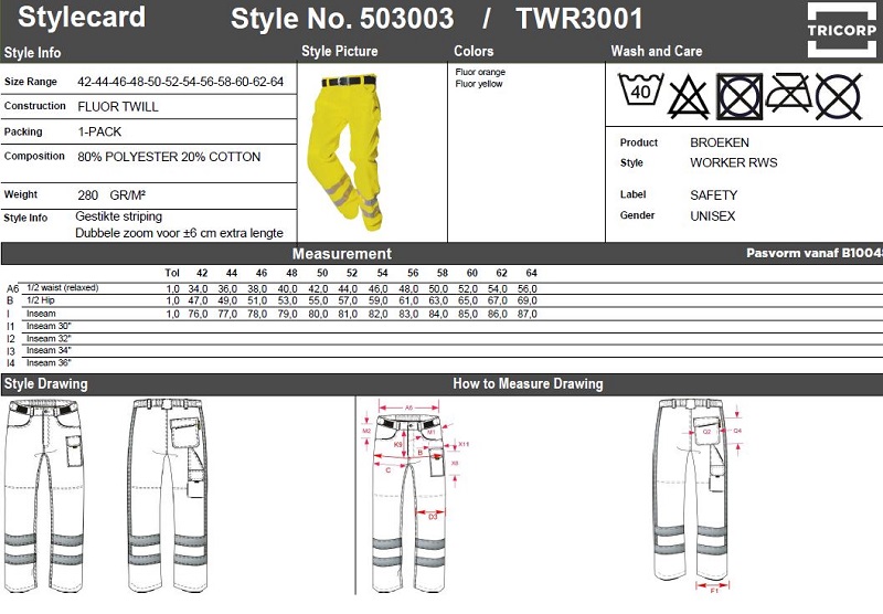 Maattabel voor Werkbroek Tricorp TWR3001 RWS