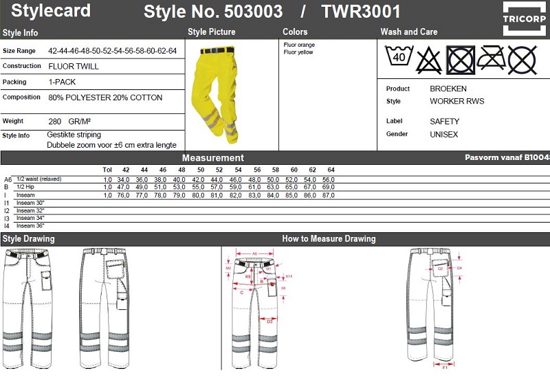 Maattabel voor Werkbroek Tricorp TWR3001 RWS