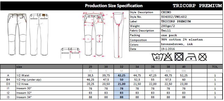 Maattabel voor Heren Broek Tricorp Premium Chino 504002