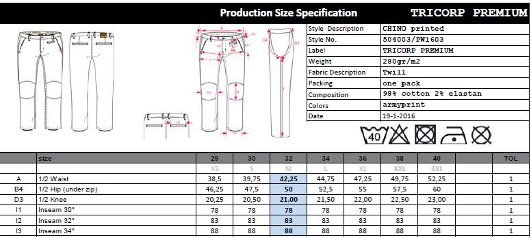 Maattabel voor Heren Werkbroek Tricorp Premium Chino 504003
