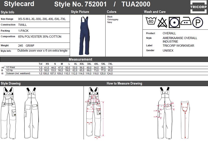 Maattabel voor Amerikaanse Overall Tricorp TUA2000