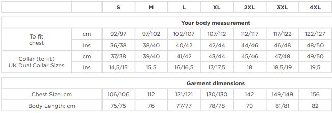 Maattabel voor Herenoverhemd Russel Ultimate Non iron LM