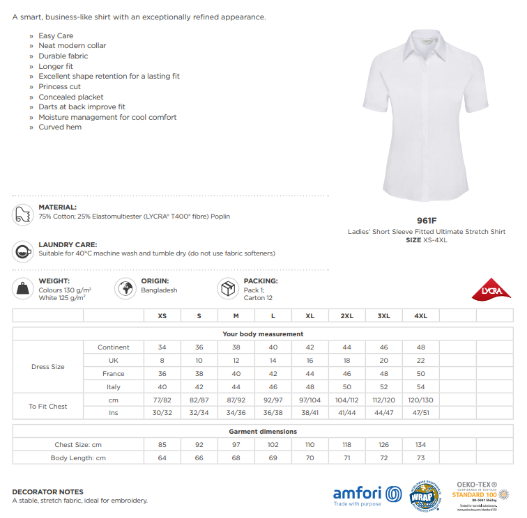 Maattabel voor Dames blouse Russell Ultimate Stretch KM