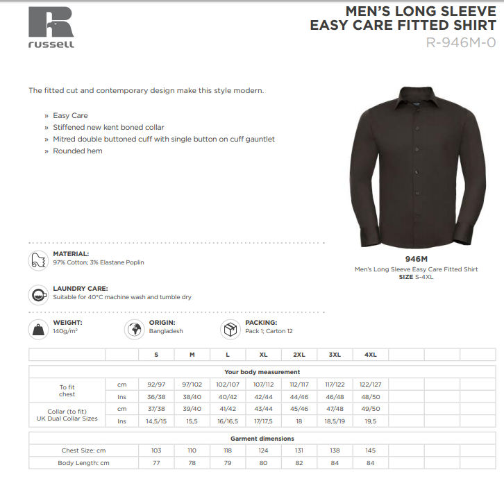 Maattabel voor Herenoverhemd Russell Tailored Stretch LM