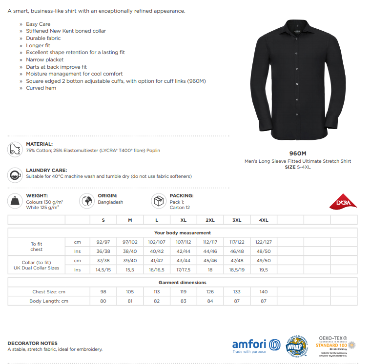 Maattabel voor Herenoverhemd Russell LM Ultimate Stretch