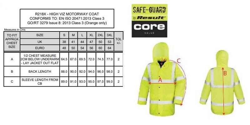 Maattabel voor Werkjas Result High-Viz motorway 818.33