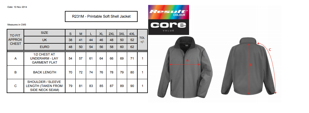 Maattabel voor Jas Result Printable Soft Shell Jacket