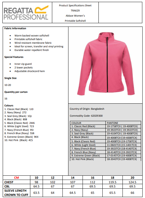 Maattabel voor Dames Softshelljas Regatta Ablaze Printable