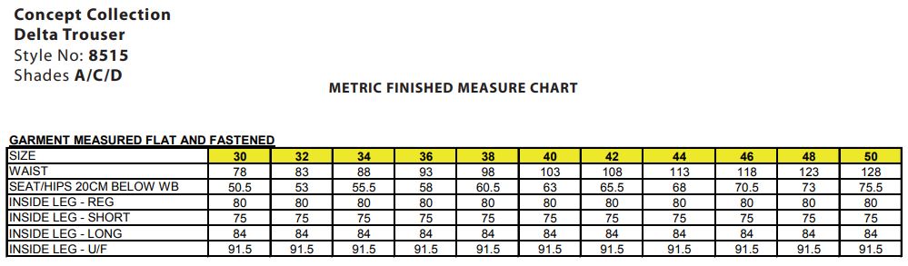 Maattabel voor Herenpantalon Brook Taverner Concept Delta 8515