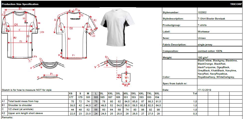 Maattabel voor T-shirt Tricorp TT2000 Bi-Color