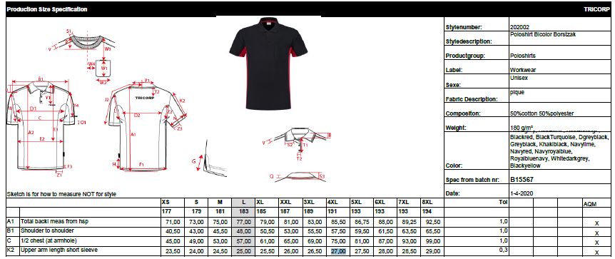 Maattabel voor Polo Tricorp TP2000 Bi-color met Borstzakje