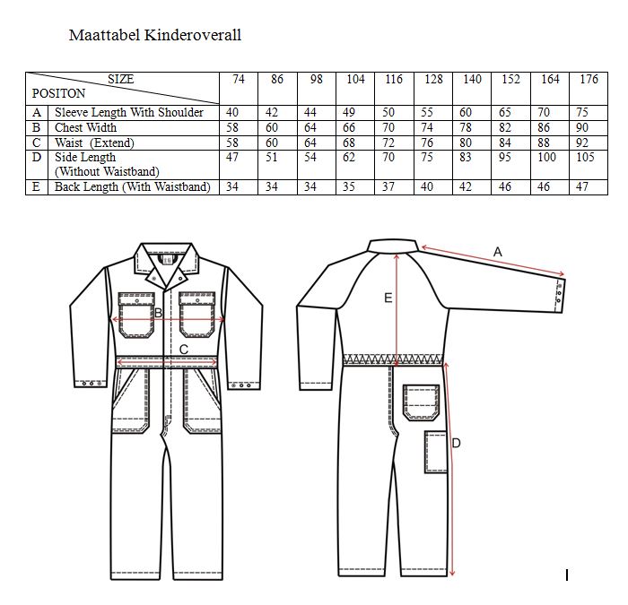 Maattabel voor Kinderoverall Huismerk pol/kat