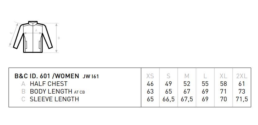 Maattabel voor Dames Windjack B&C ID.601 Midseason