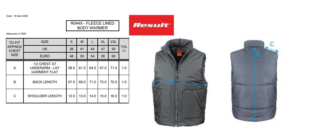 Maattabel voor Bodywarmer Result Padded Bodywarmer