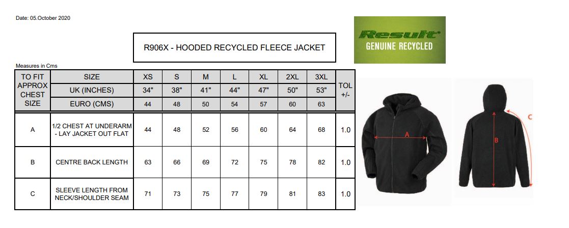 Maattabel voor Heren Vest Result Microfleece 283.33