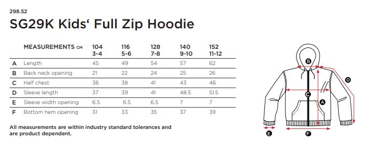 Maattabel voor Kinder Hoodie SG Zip
