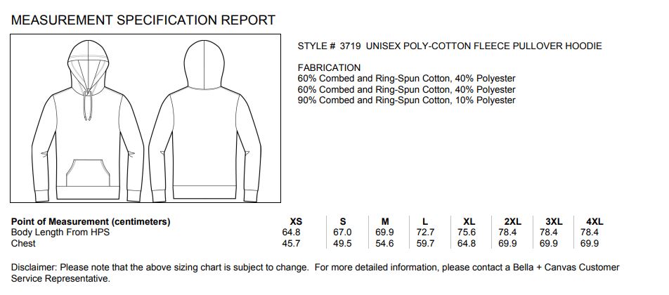 Maattabel voor Unisex Hoodie Bella Poly-Cotton Pullover