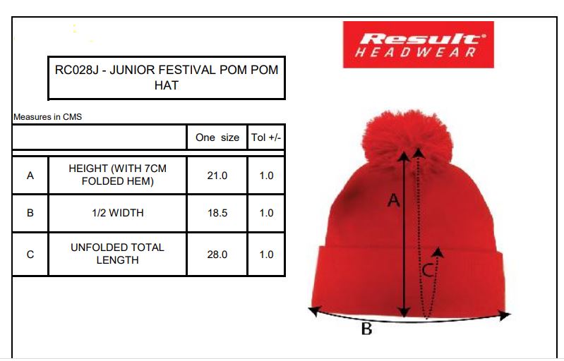 Maattabel voor Muts Result Junior Pom Pom Beanie