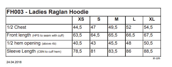 Maattabel voor Dames Sweater FDM Raglan Hoodie