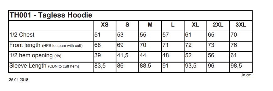 Maattabel voor Hoodie FDM Tagless