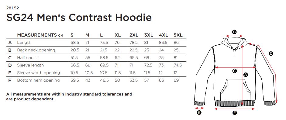 Maattabel voor Heren Sweater SG Hoodie Contrast 281.52