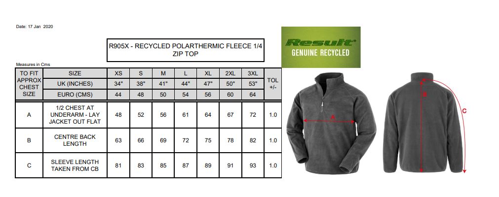 Maattabel voor Heren Sweater Result Microfleece 280.33