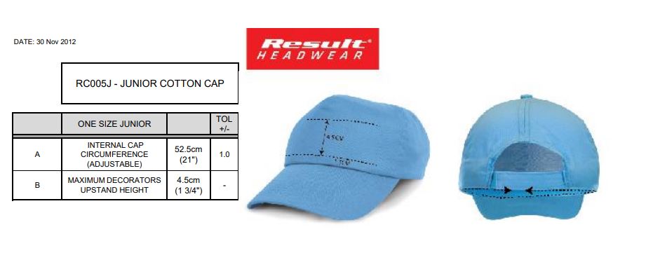 Maattabel voor Kinder Baseball Cap/Pet Result
