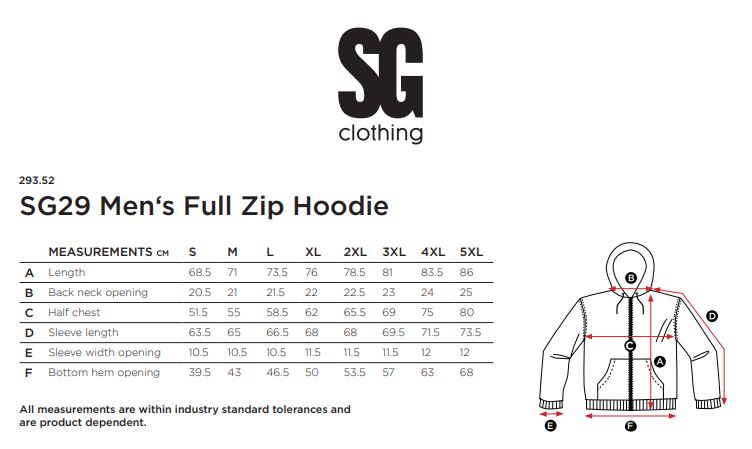 Maattabel voor Sweater SG Ladies Zip Hooded basic