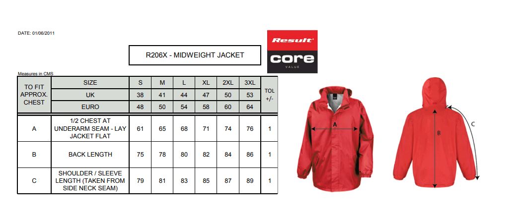 Maattabel voor Jacket Result Core Midweight