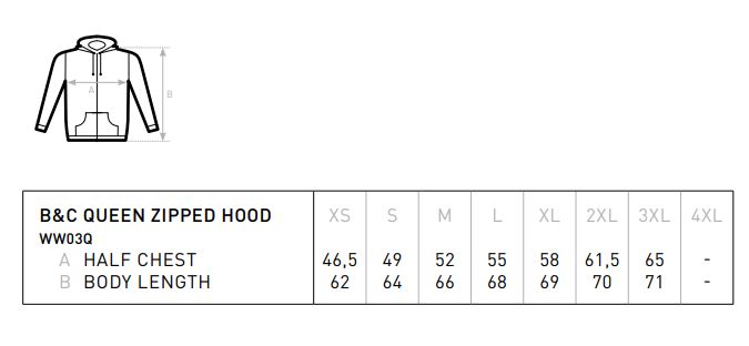 Maattabel voor Hoodie B&C QUEEN Zipped Hooded /women