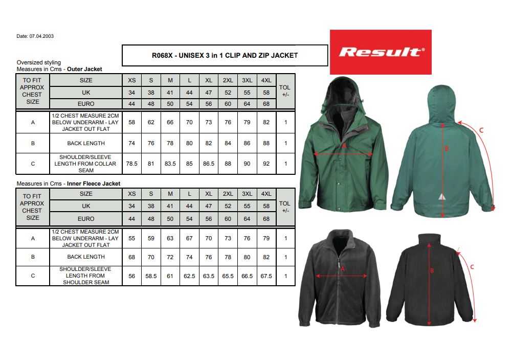 Maattabel voor Herenjas Result 3-in-1 Jacket met Fleece