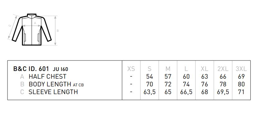 Maattabel voor Windjack B&C ID.601 Midseason
