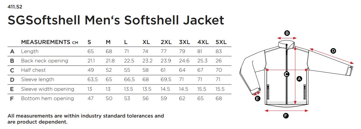 Maattabel voor Softshell Jacket SG Men\'s