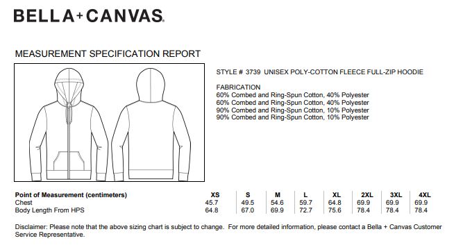 Maattabel voor Unisex Poly-Katoen Full Zip Hoodie Bella+Canvas 293.06
