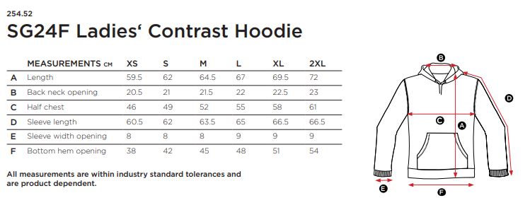 Maattabel voor Dames Sweater SG Hoodie Contrast 254.52