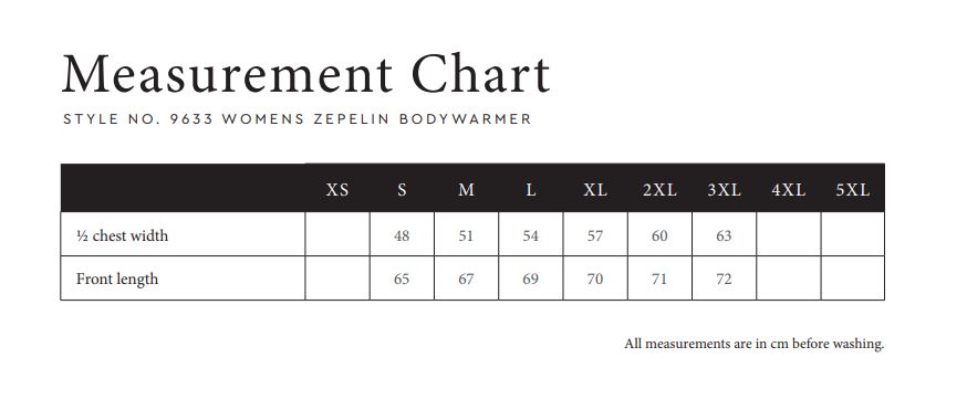 Maattabel voor Bodywarmer Tee Jays Zepelin Vest