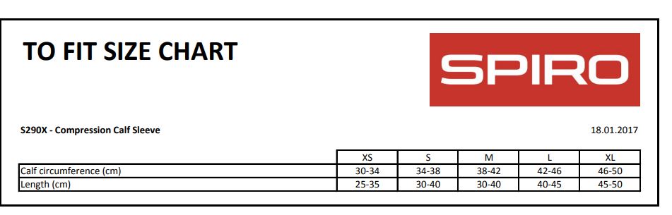 Maattabel voor Compressie Kuit Sleeve Spiro S290X