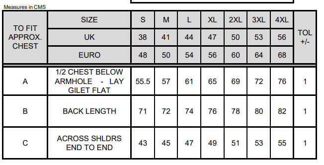 Maattabel voor Printable Safety Softshell Gilet Result 087.33
