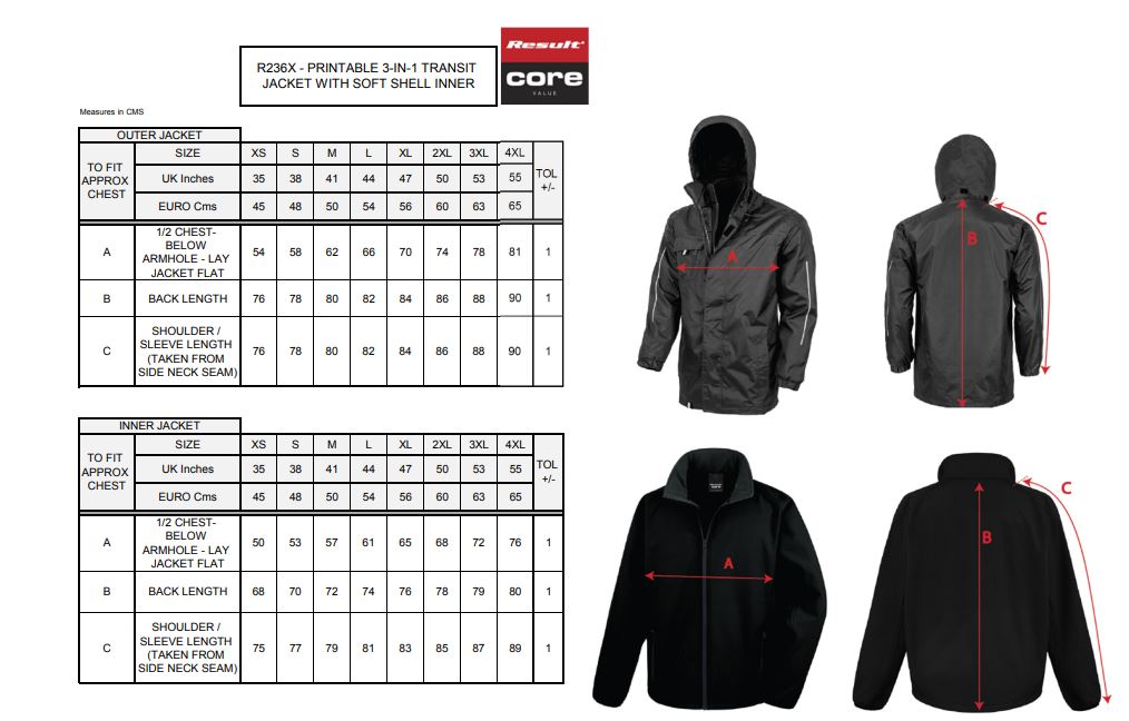 Maattabel voor Jas Result Printable 3-in-1 Transit