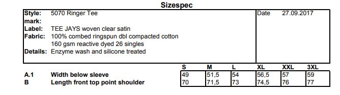 Maattabel voor Ringer T-shirt Heren Tee Jays 114.54