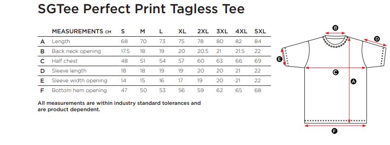 Maattabel voor Dames T-shirt SG Perfect Print Tagless