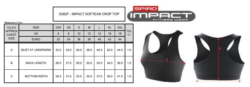Maattabel voor Dames Impact Softext Fitness Crop Top Spiro