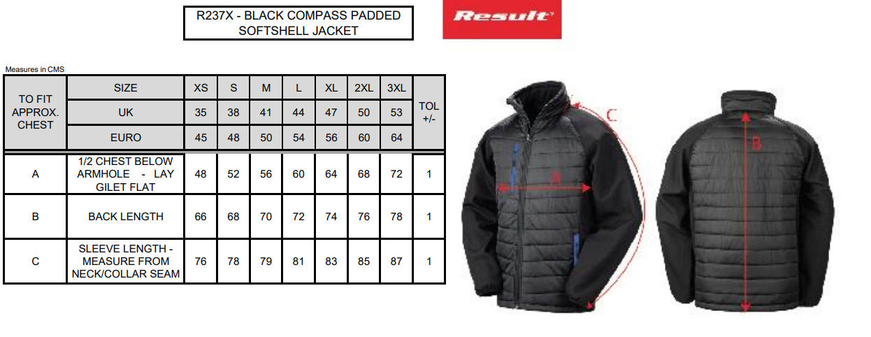 Maattabel voor Softshelljas Result Padded Black Compass 084.33