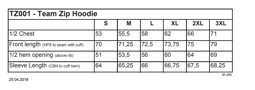 Maattabel voor Hoodie FDM Team Zip