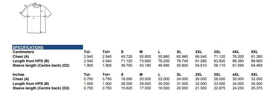 Maattabel voor Herenshirt Gildan Hammer