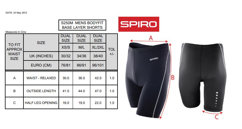 Maattabel voor Mannen Bodyfit Base Layer Shorts Spiro 066.33