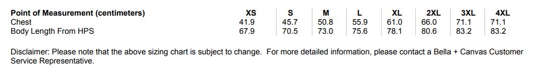 Maattabel voor T-shirt Bella Canvas V-hals