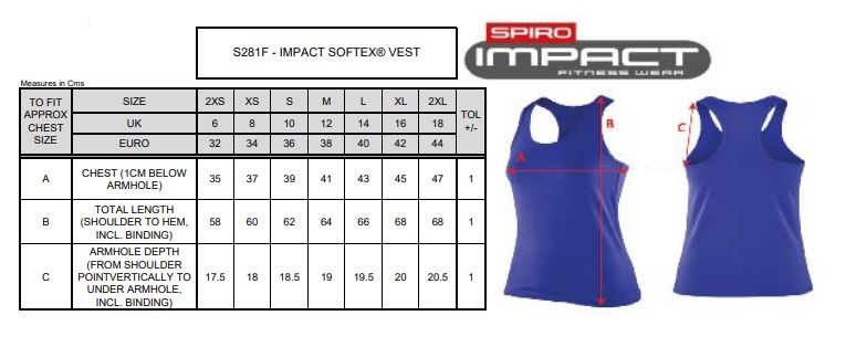 Maattabel voor Dames Fitness Softex Top Spiro 107.33