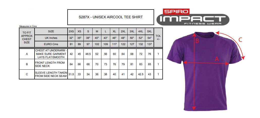 Maattabel voor T-shirt Spiro Aircool 110.33