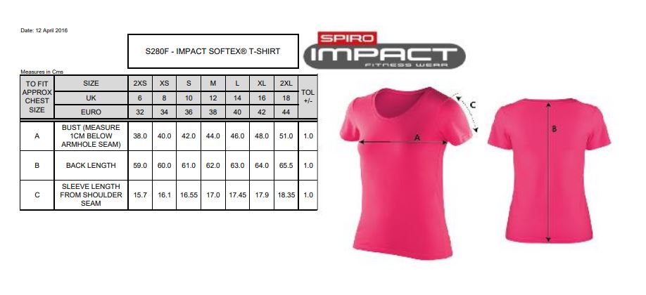 Maattabel voor Dames Impact Softex T-shirt Spiro S280F